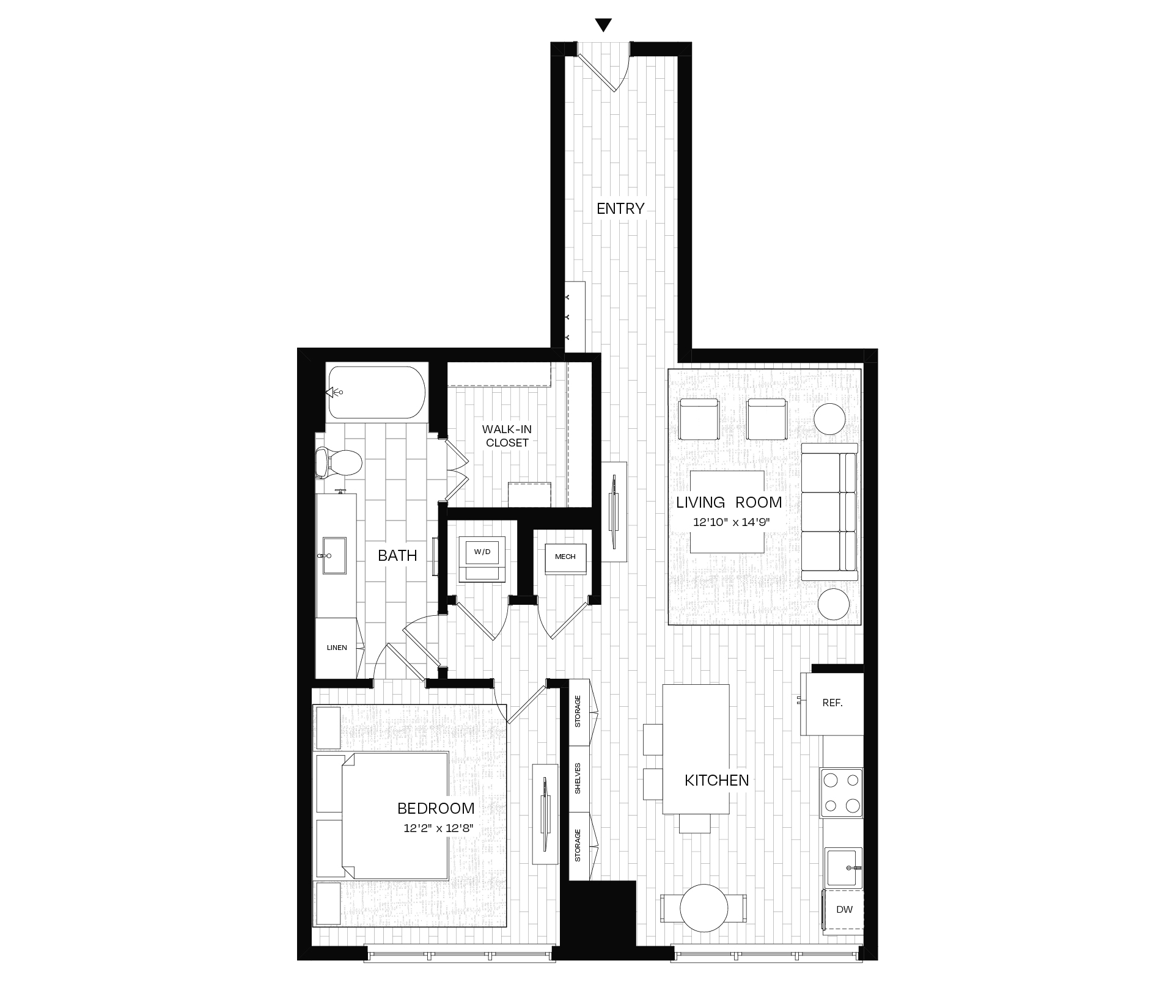 Floor plan for 1 bed, 1 bath, 921 sqft